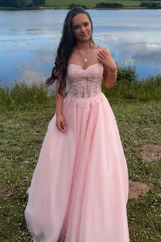 Price Blitz Pink Strapless Sweetheart Appliques Sleeveless A-Line Prom Dress