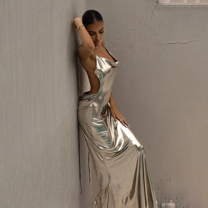 Exclusive Online Offer Sultry Backless Metallic Coating Party Dress