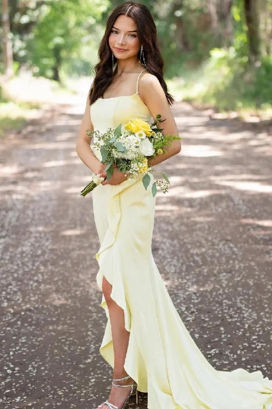 Discount Days Simple Yellow Spaghetti Straps Mermaid Satin Formal Prom Dress