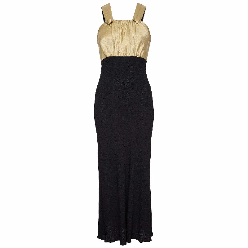 Value Deals 1930s Black Silk Dress with Embossed Gold Bodice