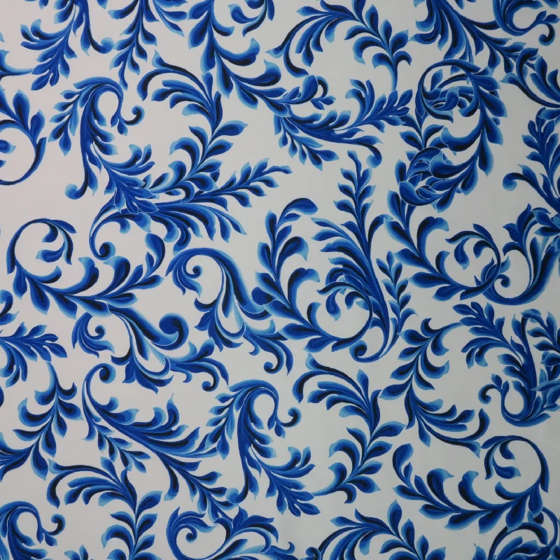 Extra Savings Blue Damask on White Printed Polyester Mikado Fabric
