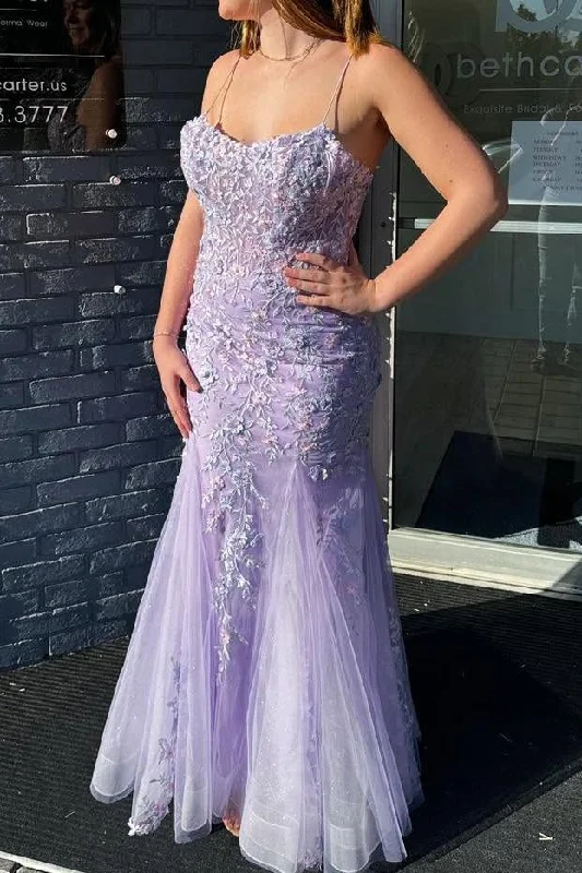 The Best Prices Lilac Spaghetti Straps Scoop Lace Appliques Mermaid Prom Dress