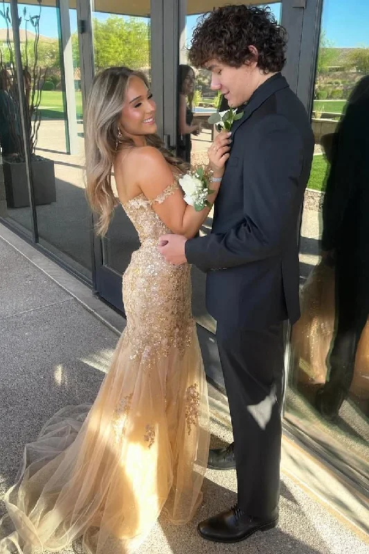 Today’s Special Off-Shoulder V-Neck Sequins Appliques Mermaid Formal Prom Dress