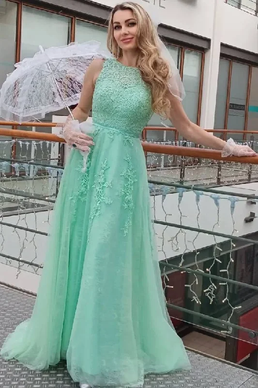 Markdowns Mint A-Line Scoop Neck Lace Appliques Long Formal Prom Dress