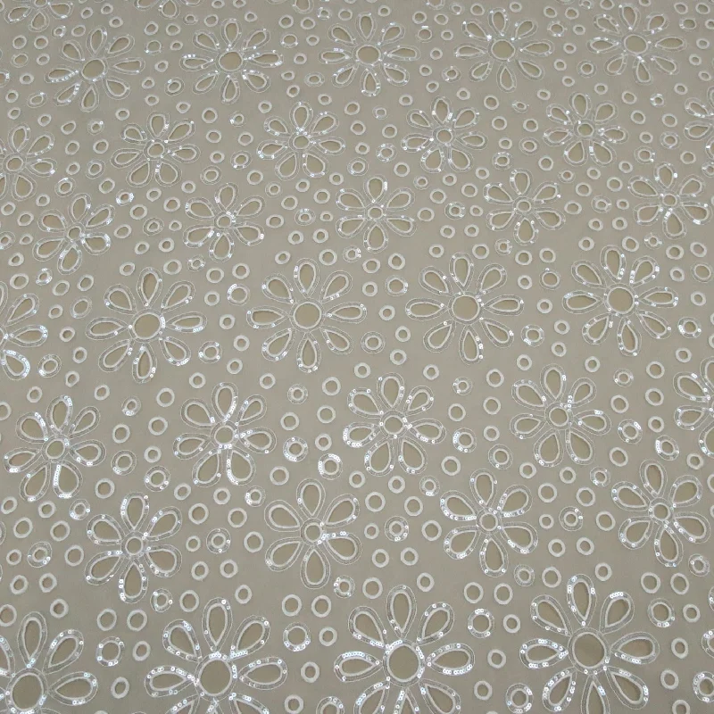 Steals and Deals White Floral and Circles Embroidered Organza Fabric