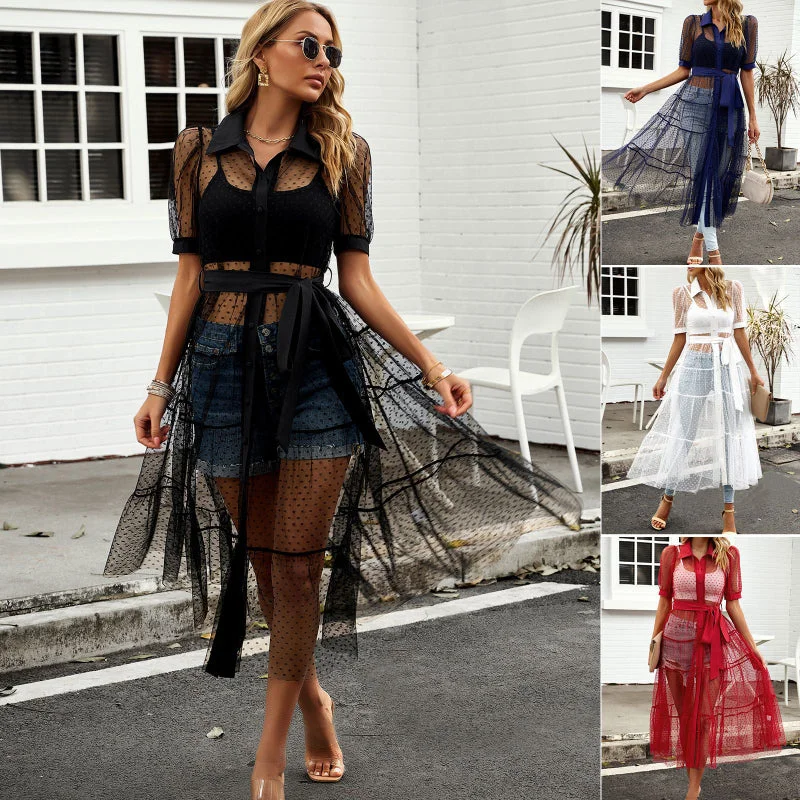 Price Fest Mesh Perspective A-line Waist-cinched Short-sleeved Dress