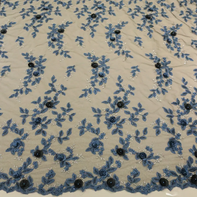Discount Mania Navy with Black Tulle 3D High Relief Floral Single Scalloped Embroidered Fabric