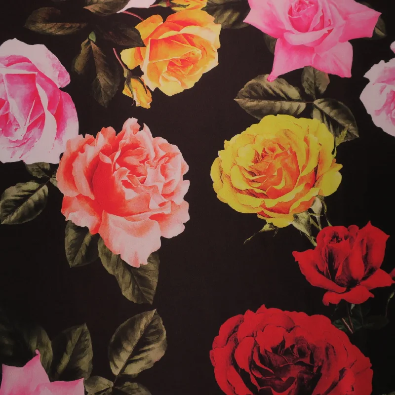 Early Access Multicolored Roses on Black Printed Polyester Mikado Fabric