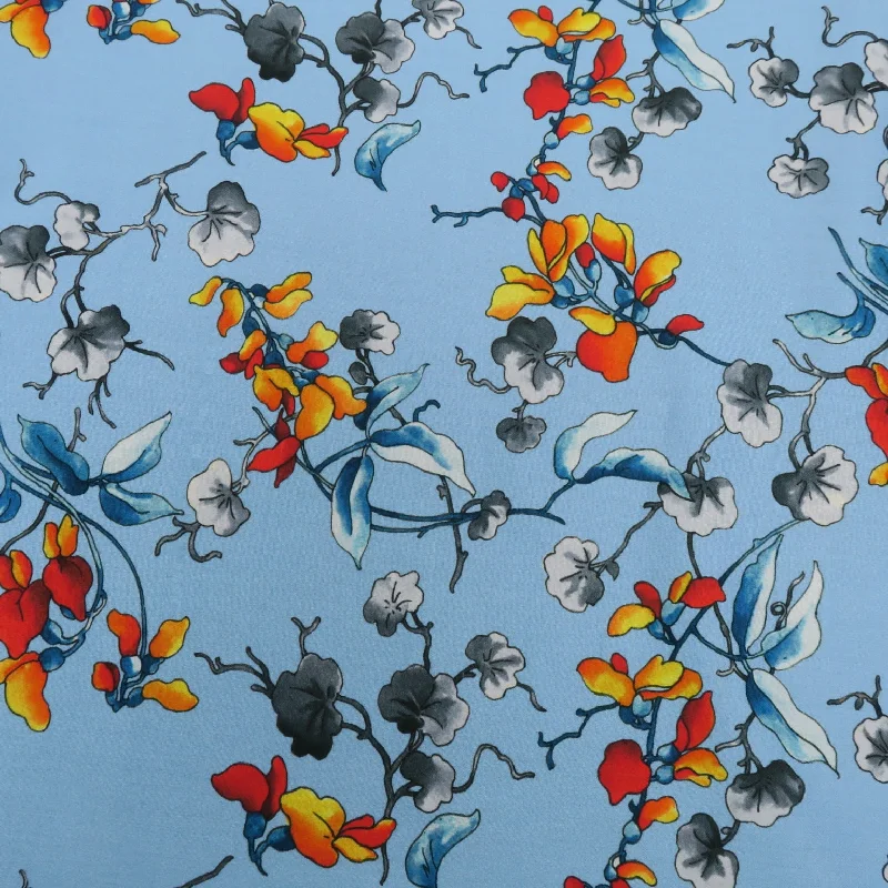 Big Discounts Grey and Orange Orchids on Blue Floral Ground Printed Cotton Pierre Cardin