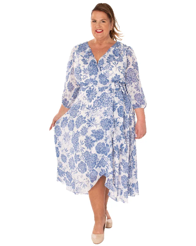 Don’t Miss Out Liz V Neck Wrap Dress | White / Light Blue