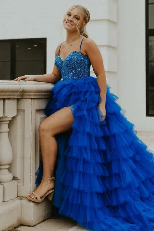 Act Fast Spaghetti Straps Sweetheart Layered Tulle Formal Prom Dress with Slit