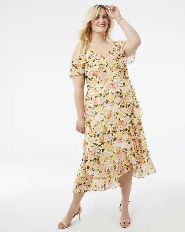 Savings Spectacular Grace Cold Shoulder Ruffle Maxi | White / Pink