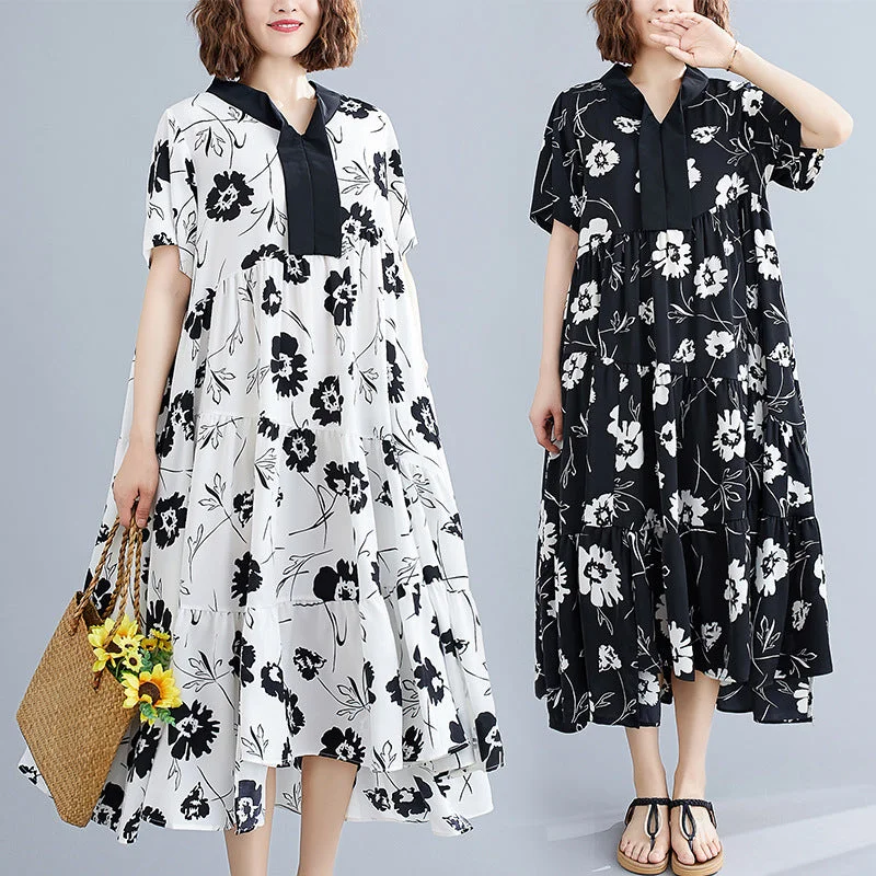 Amazing Deals Summer Literary Plant Print Loose Slimming Chiffon Dress