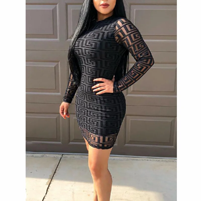 Savings Event Women's Autumn Long-Sleeved Lace Bodycon Slim Mini Dress