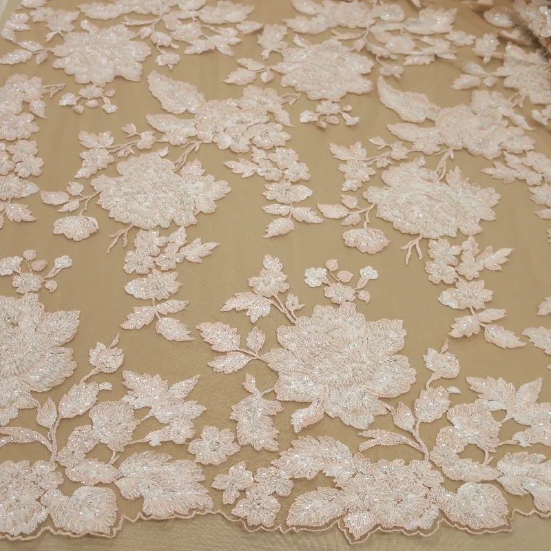 Blowout Deals White and Nude Embroidered Sequins and Pearls Floral Lace
