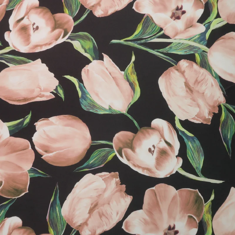 Extra Discounts Light Pink Floral on Black Background Printed Polyester Mikado Fabric Extra Discounts Light Pink Floral on Black Background Printed Polyester Mikado Fabric