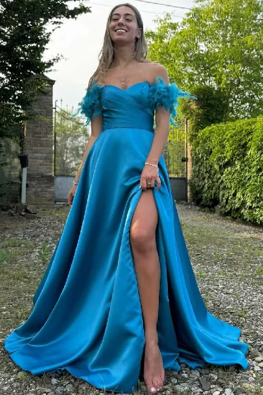 Unbeatable Prices Off-Shoulder A-Line Sweetheart Satin High Slit Formal Prom Dress with Feather Unbeatable Prices Off-Shoulder A-Line Sweetheart Satin High Slit Formal Prom Dress with Feather