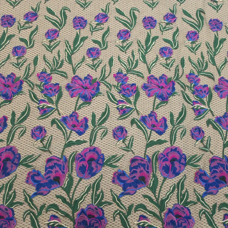 Loyalty Reward Black Point d Sprit Tulle with Purple Flowers Embroidered Fabric