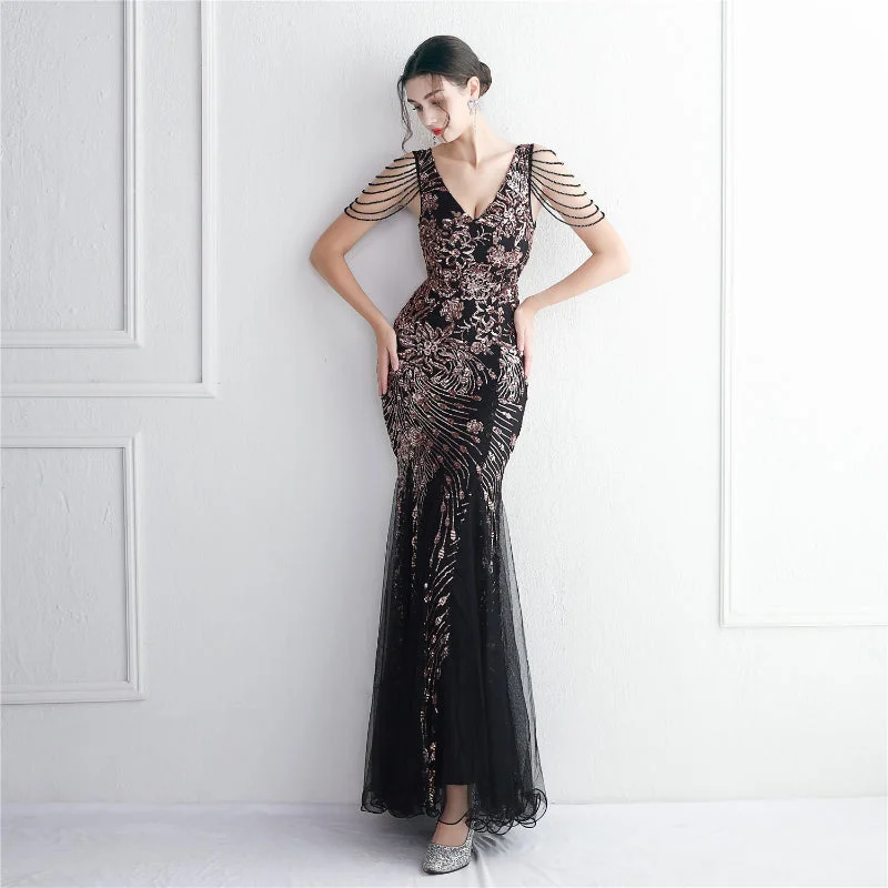 While Supplies Last Sparkling Net Fabric Embroidery Long-Length Fishtail Dress