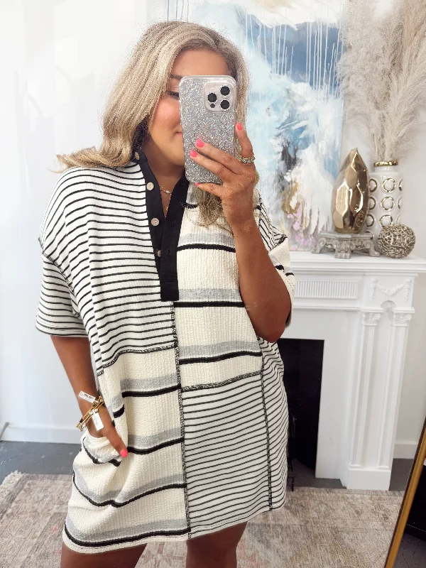Super Sale Black and White Multi Stripe T-Shirt Dress