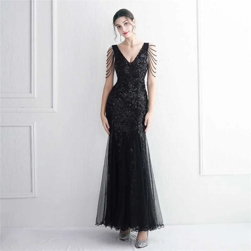 New Markdowns Sexy New Bead Mesh Craft Long Fish Tail Sequin Party Dress