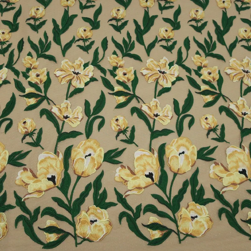 Exclusive Preview Light Yellow Tulle with Yellow Flowers Embroidered Fabric