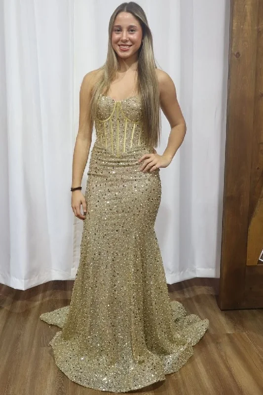 Blowout Deals Sparkly Strapless Sequined Mermaid Sleeveless Long Prom Dress