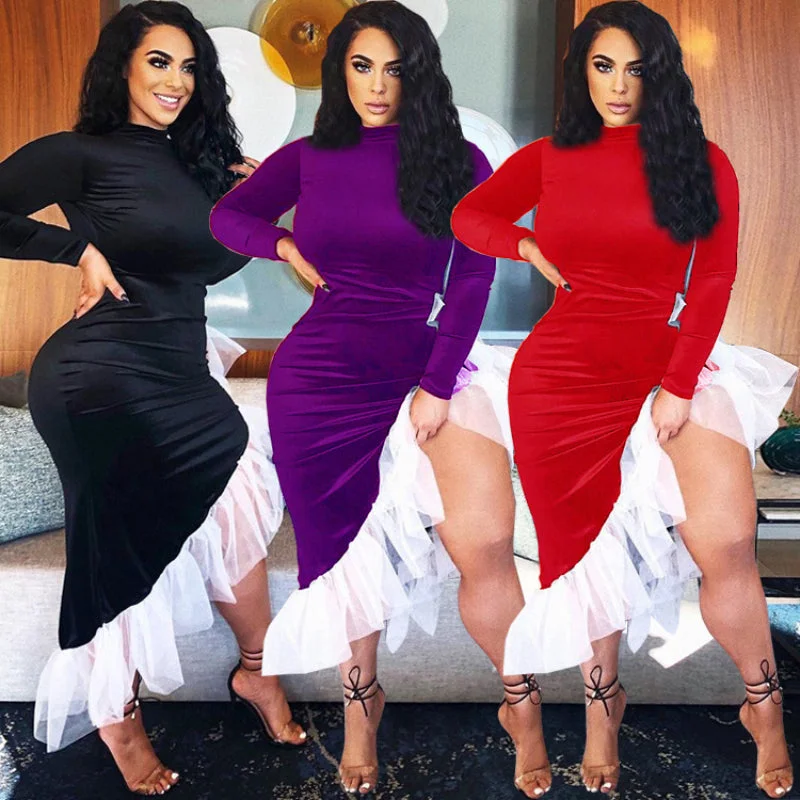 Price Meltdown Velvet-Fitting Sensual Irregular-Shaped Medium-Length Dress