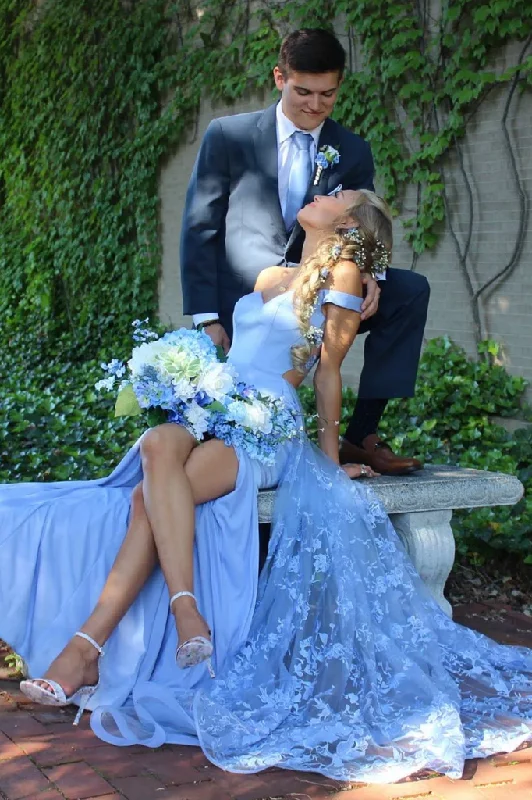 Massive Deals Chic Blue Off-Shoulder Sweetheart Formal Prom Dress with Lace Train