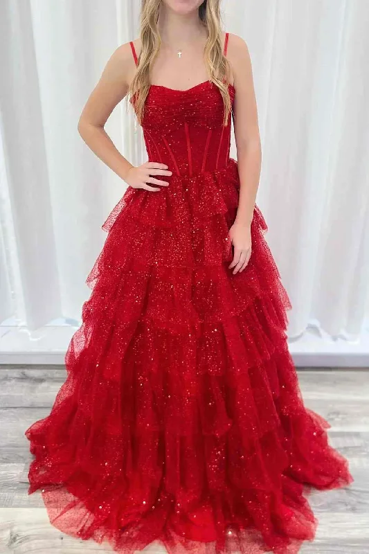 Quick Sale Red Spaghetti Straps Layered Tulle Empire-Waist Long Prom Dress
