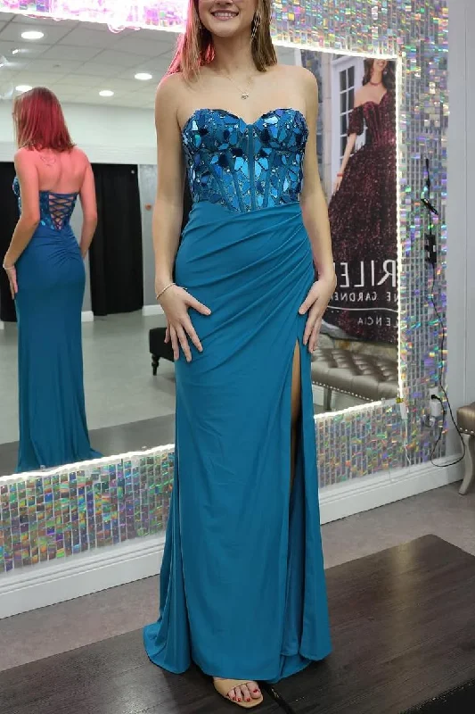 Limited Availability Strapless Sweetheart Mirror-Cut Sequins Pleated Prom Dress with Slit Limited Availability Strapless Sweetheart Mirror-Cut Sequins Pleated Prom Dress with Slit