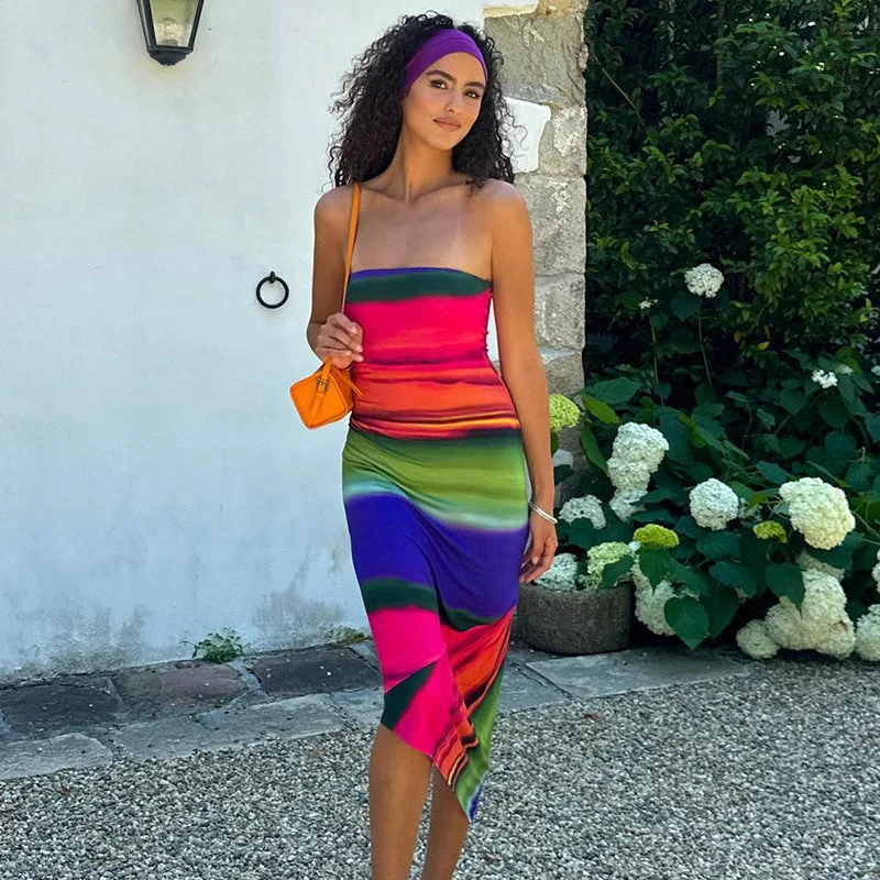 Instant Savings Colorful and Sexy Off-Shoulder Asymmetrical Street-Style Midi Dress