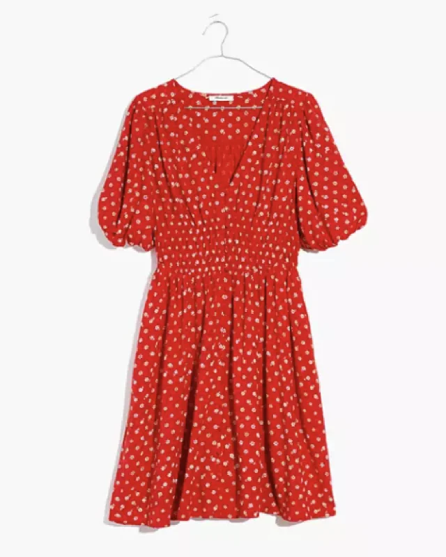 Price Cut Puff-Sleeve Retro Mini Dress | Red / Peach