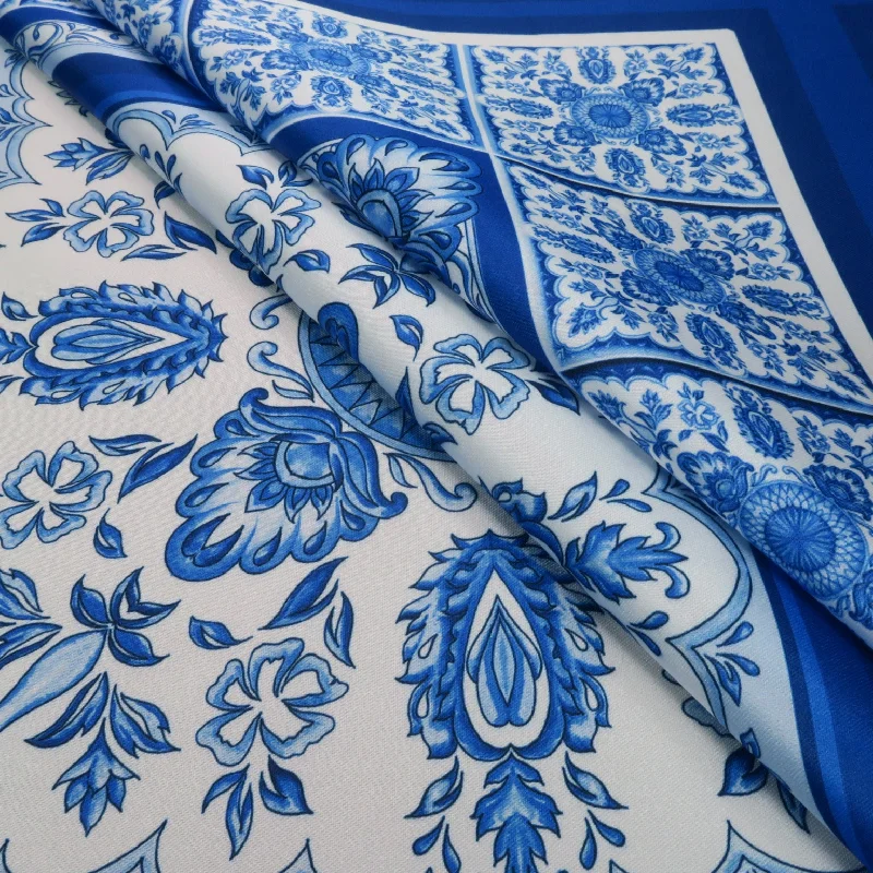 Deep Discounts Blue Mosaic on White Printed Polyester Mikado Fabric