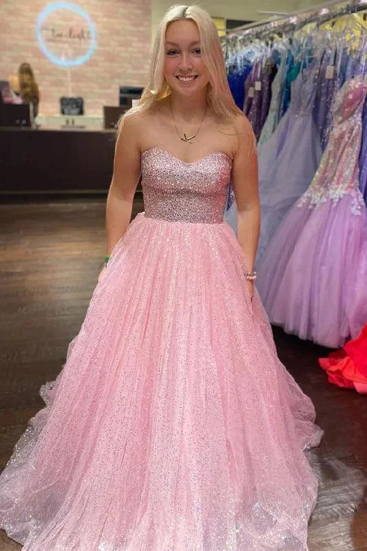 Limited Edition Pink Strapless Sweetheart A-Line Star Tulle Long Formal Prom Dress
