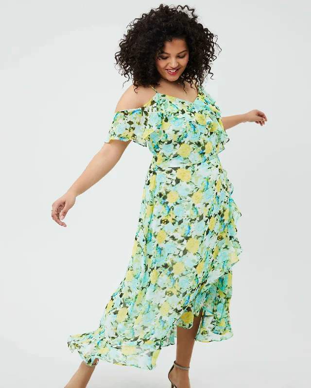 Deal Explosion Grace Cold Shoulder Ruffle Maxi | White / Light Blue