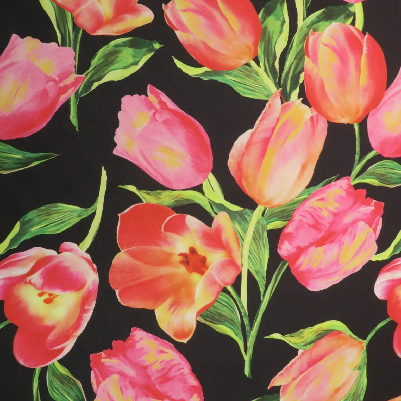 Crazy Savings Pink Floral on Black Background Printed Polyester Mikado Fabric