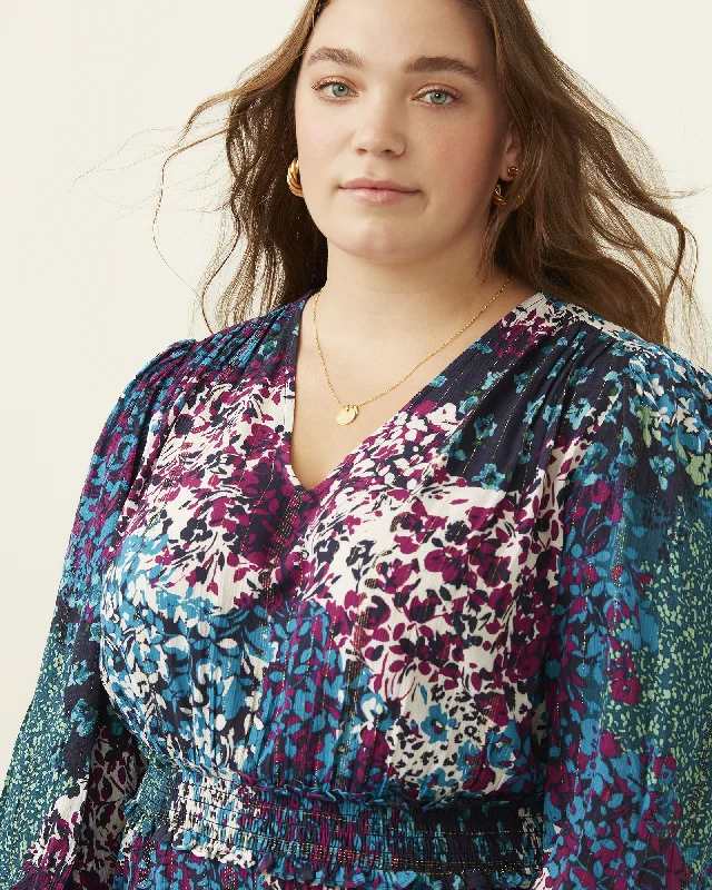 Closeout Devin Calico Floral Smocked Waist Midi Dress | Teal / White