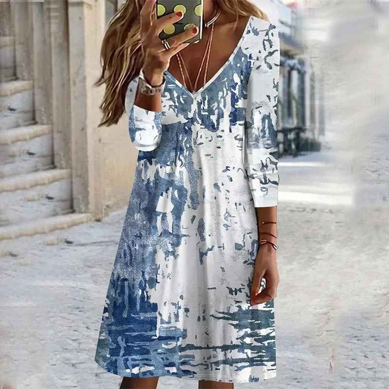 Seasonal Clearance Autumn New Arrival Abstract Print V-neck Casual Long Sleeve Dress