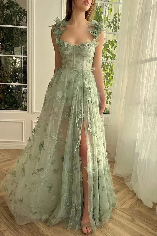 Referral Discount Stunning A-Line Straps 3D Appliques Pleated Formal Prom Dress with Slit Referral Discount Stunning A-Line Straps 3D Appliques Pleated Formal Prom Dress with Slit