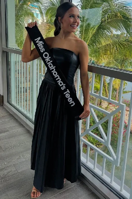 Unmissable Offer Black Strapless A-Line Scoop Neck Pleated Long Prom Formal Dress