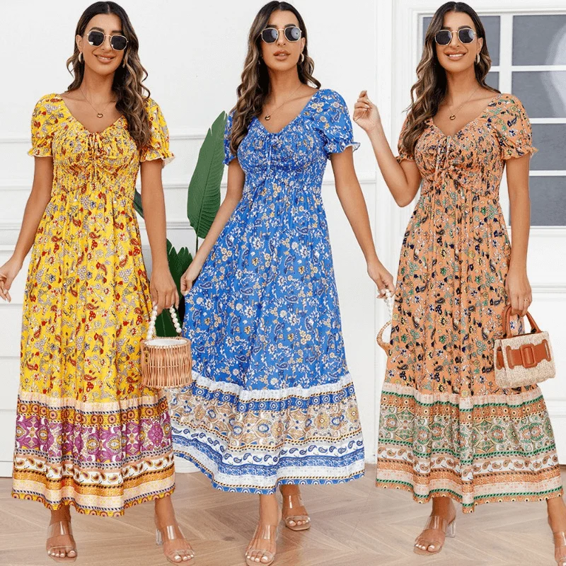 Limited Edition Summer Fashion Bubble Sleeve Tie-Waist Dress