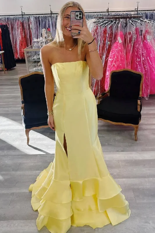 Deal Mania Strapless Scoop Neck Satin Layered Mermaid Prom Dress with Slit