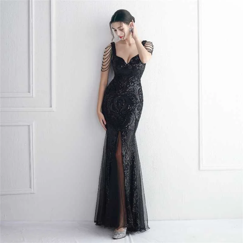 Price Reduction Mesh Craft Bead Sequin Evening Party Long Dress