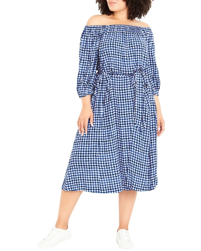 Year-End Clearance Lucine Off The Shoulder Gingham Print Dress | Cornflower Blue / White
