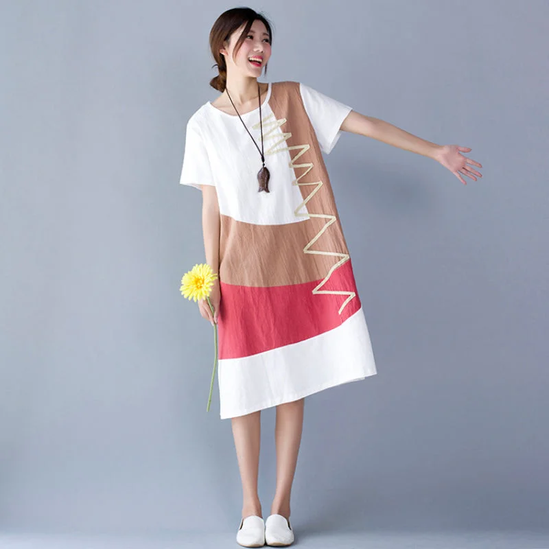 One-DAY Sale Loose Fit Mid-length Short Sleeve Cotton Linen Dress