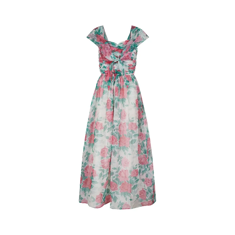 Closeout Sale 1950s Jenners Rose Print Organza Maxi Dress