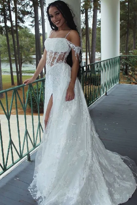 Value Deals Stunning A-Line Cold Shoulder Appliques Formal Prom Dress with Slit