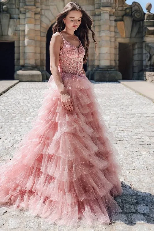 Lowest Prices A-Line V-Neck Straps Appliques Layered Tulle Long Prom Dress