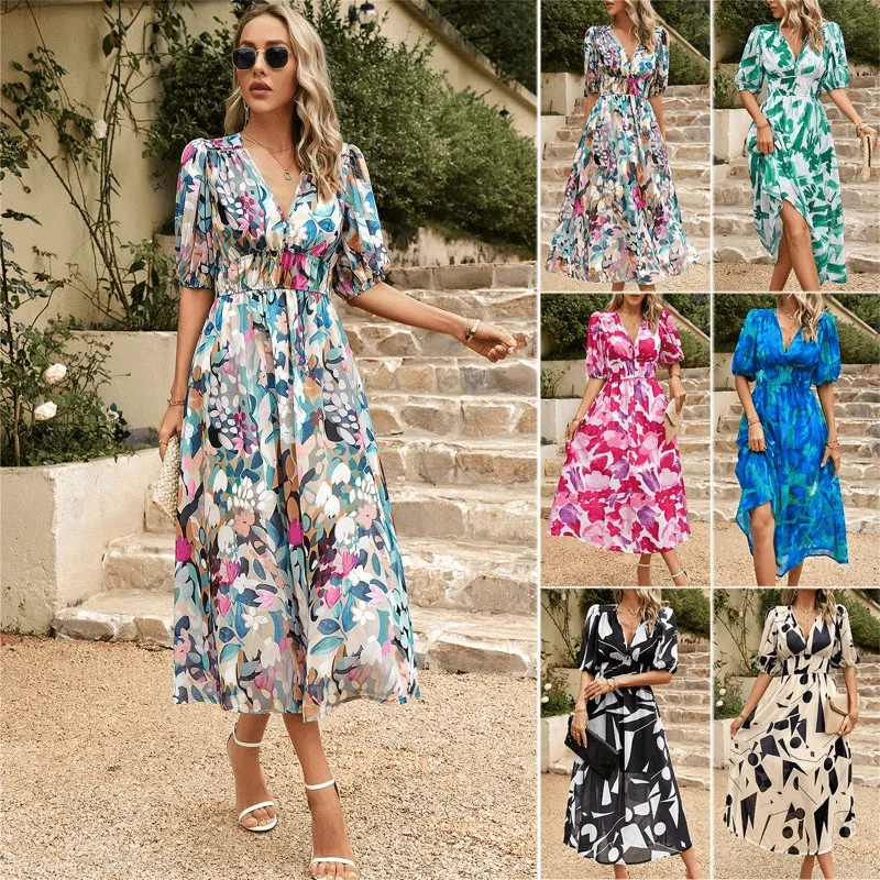 Exclusive Preview 2023 Summer Harvest Waist Cinching V Neck Printed Maxi Dress